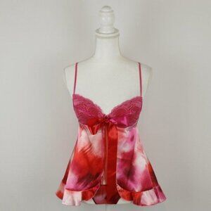 Shirley of Hollywood Women's Small Pink Red Satin 2 Piece Lingerie Set